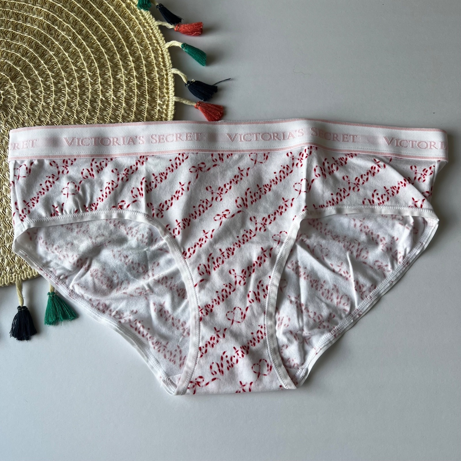 Victoria’s Secret Logo Cotton Hiphugger Panty Vs White Script L NEW