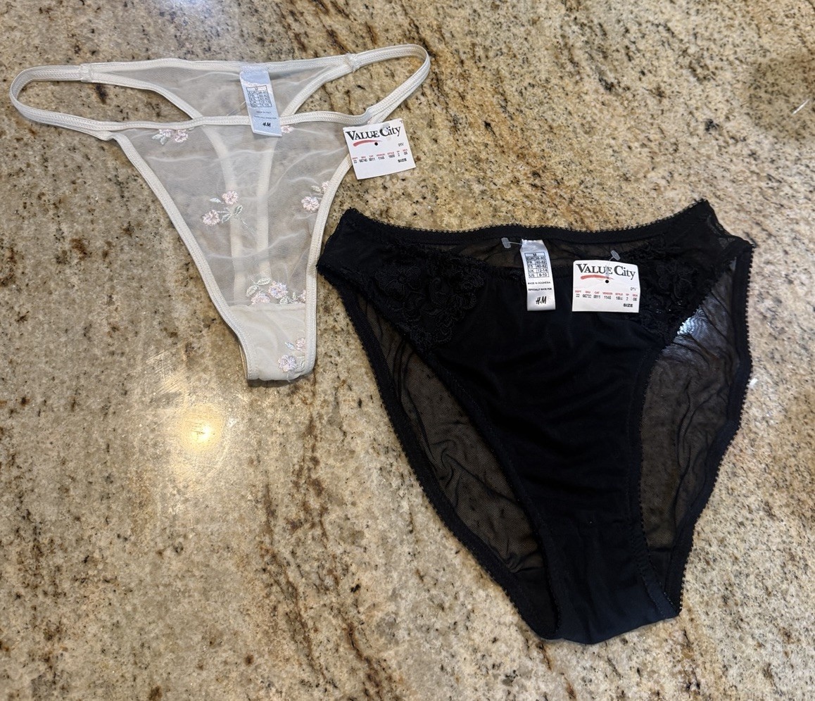 H&M Lingerie Panties Set 2 Pairs M NOS Deadstock Mesh Embroidered Thong Briefs