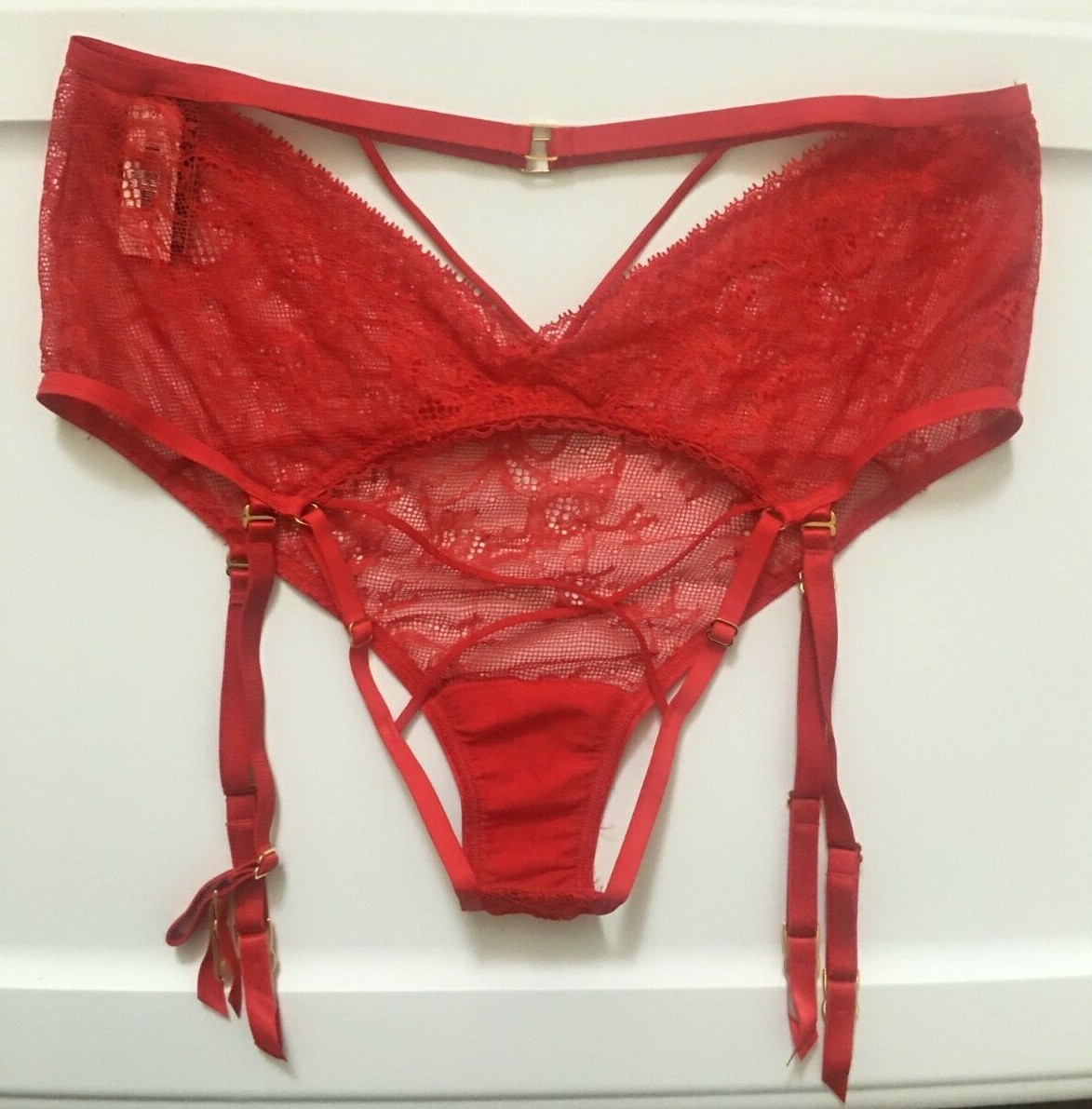 Victorias Secret Red Cheeky Panties With Garter Size L Luxe Lace High Waist NWT
