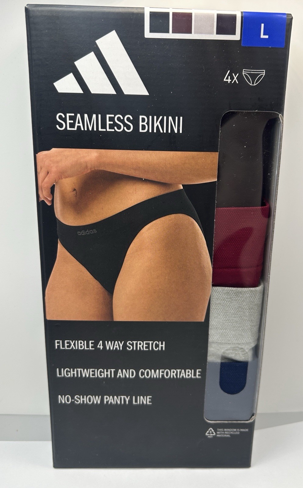 Adidas Seamless Bikini Underwear 4 Pack Black Heather Grey Night Indigo Large.