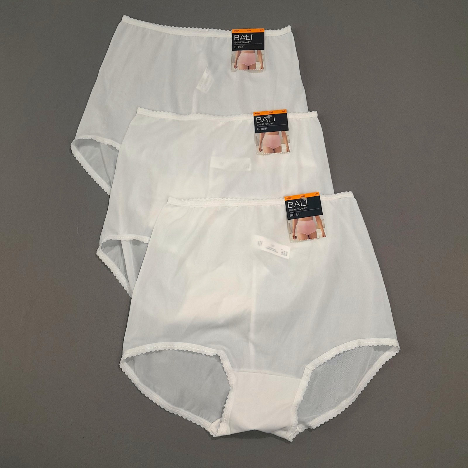 3 Bali Skimp Skamp Brief Panty Womens 7 White Back Seam Style 2633 Panties NWT