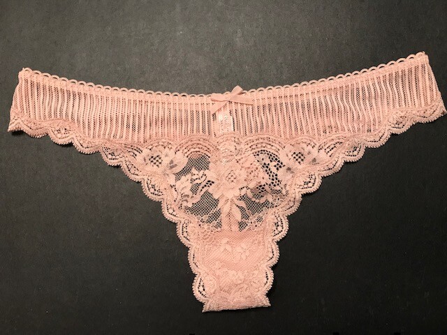 NEW VICTORIA SECRET BEIGE BUFF STRIPED MESH LACE THONG M MEDIUM DREAM ANGELS