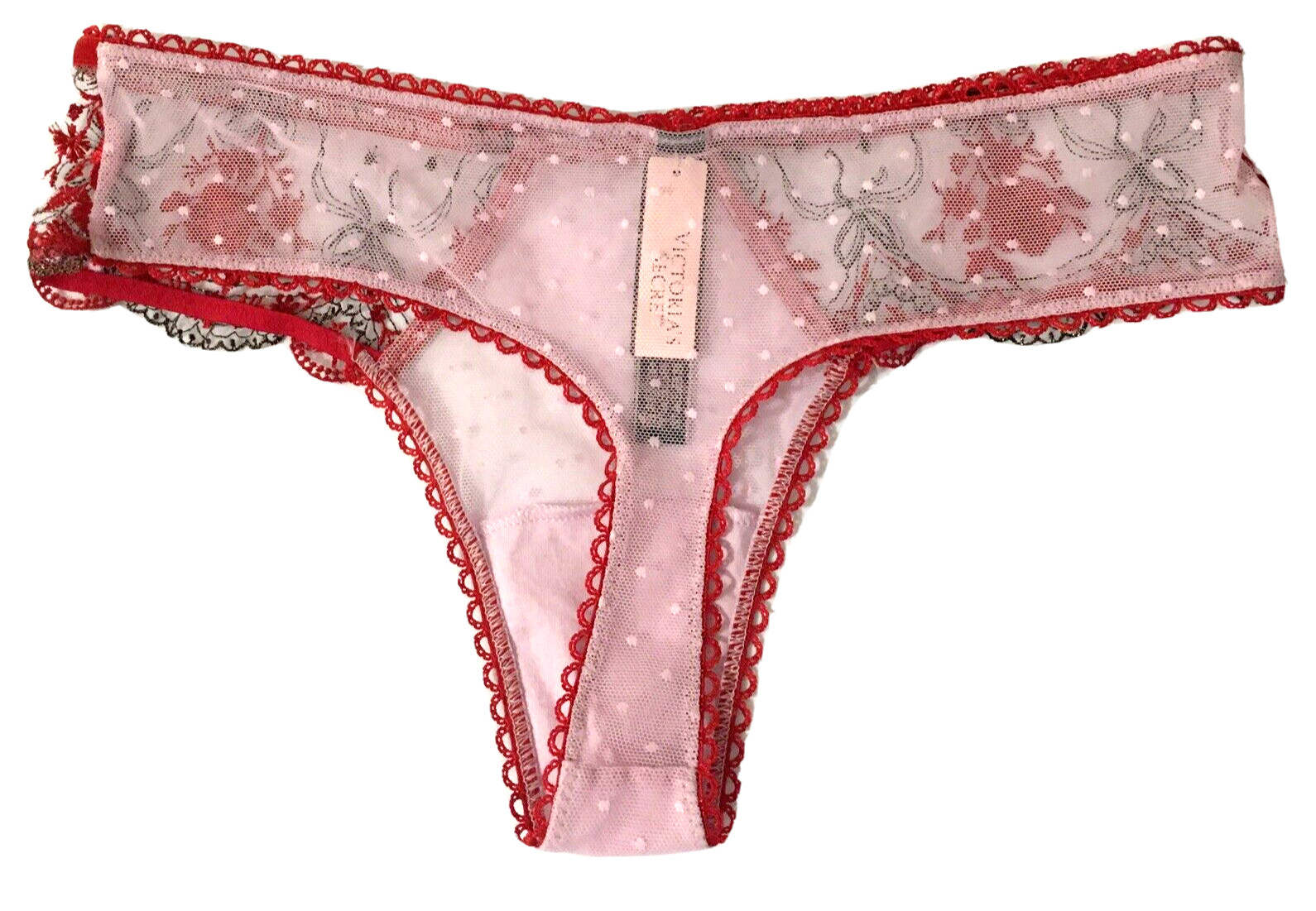 Victoria’s Secret Very Sexy Red Polka Dot Mesh Metallic Thong Panties Size XS