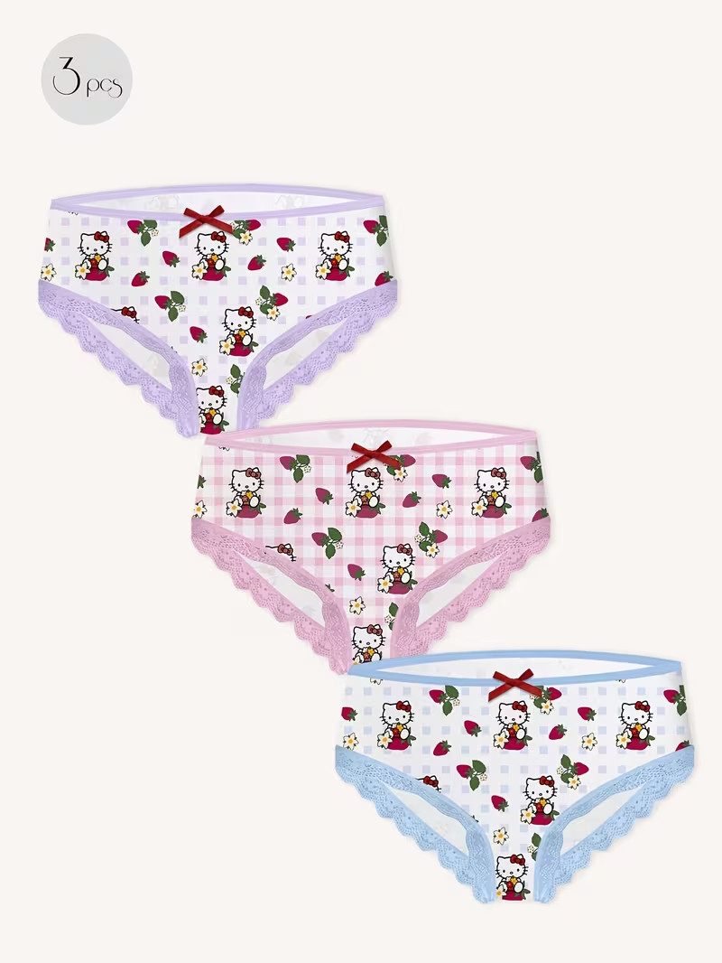 Sanrio Hello Kitty Cartoon Cute Kawaii Strawberry Brief Panties – Pack of 3