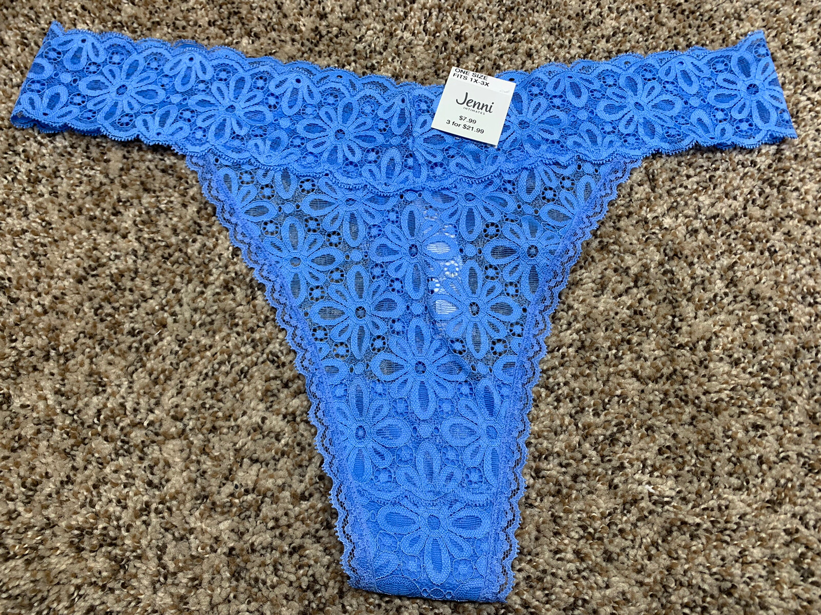 Jenni Intimates Blue Lace Thong. Plus Size, One Size Fits All. 1X-3X.