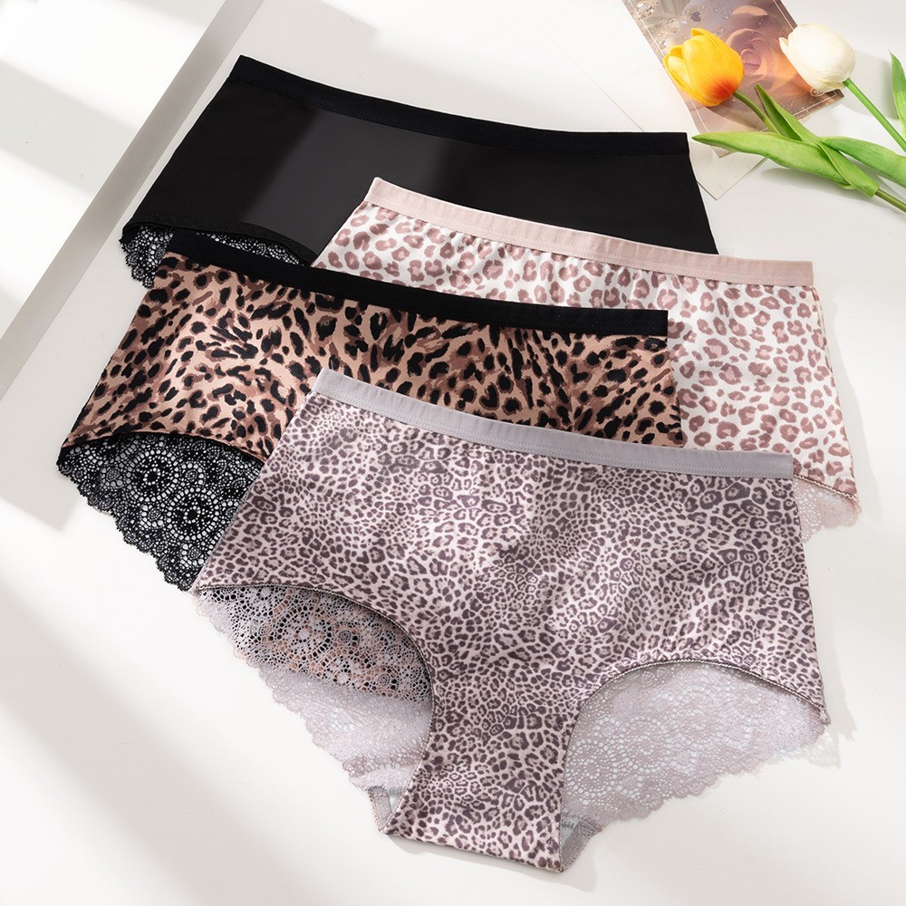 4 Pack Lace Leopard Print Boyshorts Sexy Breathable Animal Print Floral Panties