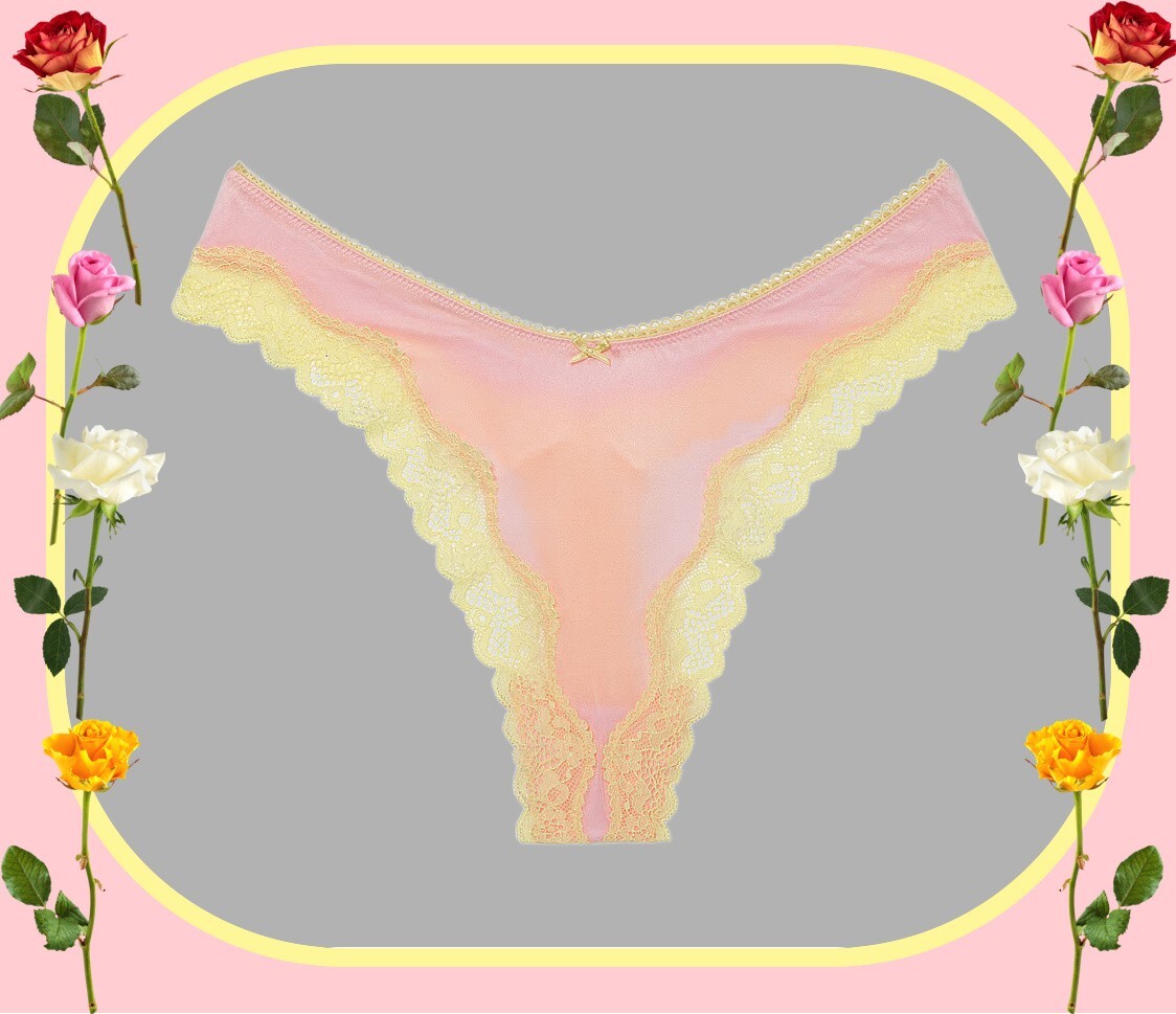XS Lt Pink Satiny w NEON Citron Lace TEASE Victoria’s Secret HighLeg Thong Panty