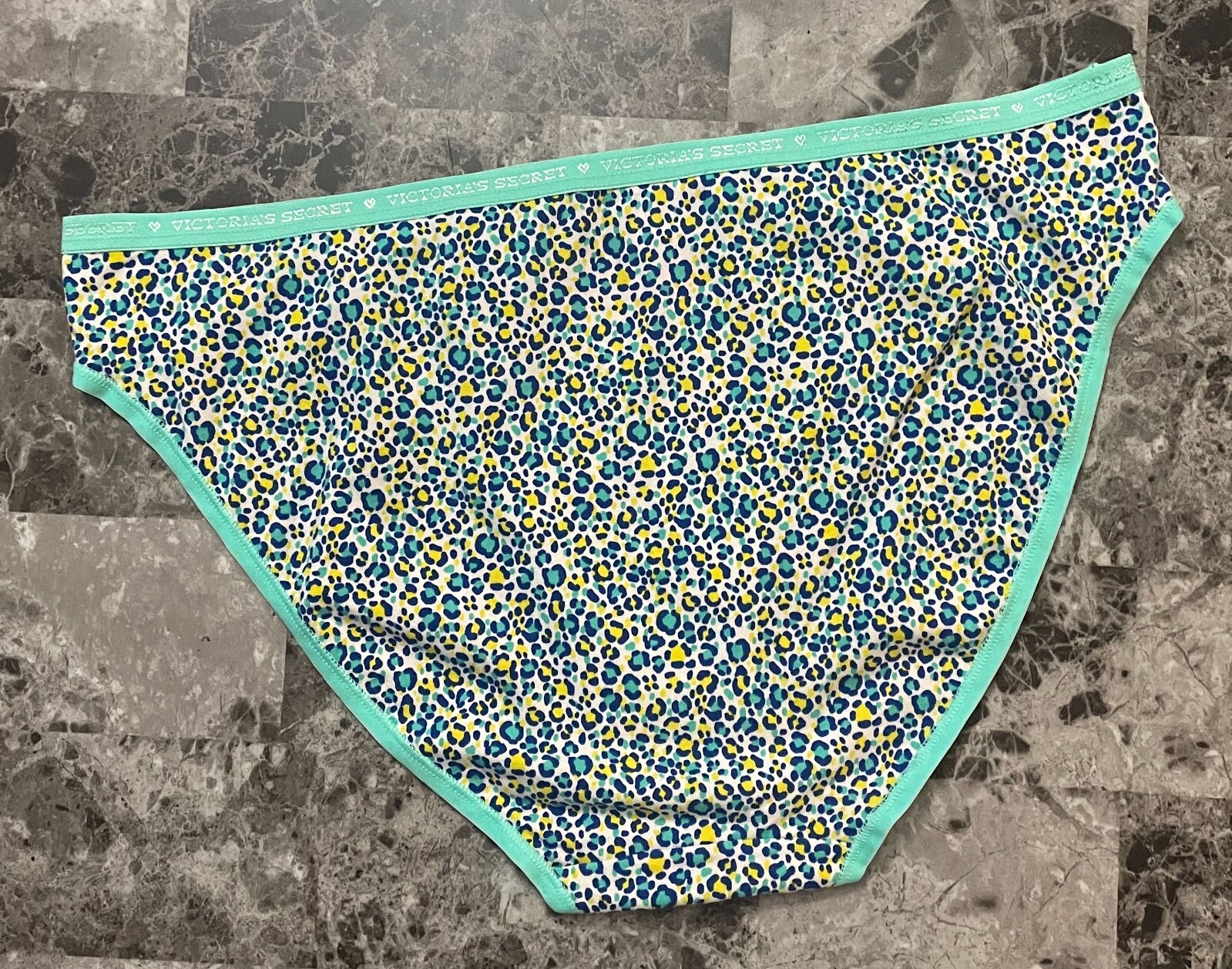 VICTORIA’S SECRET XL AQUA TEAL BLUE YELLOW LEOPARD LOGO BAND RARE BIKINI PANTIES