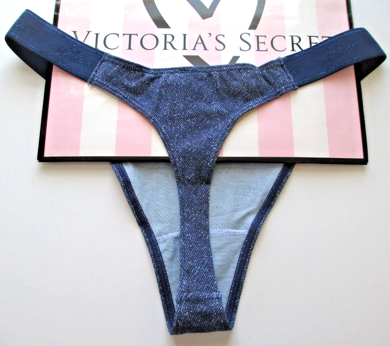 VICTORIA’S SECRET PINK Cotton High Leg Thong Panty VS Dark Denim Blue S M L XL