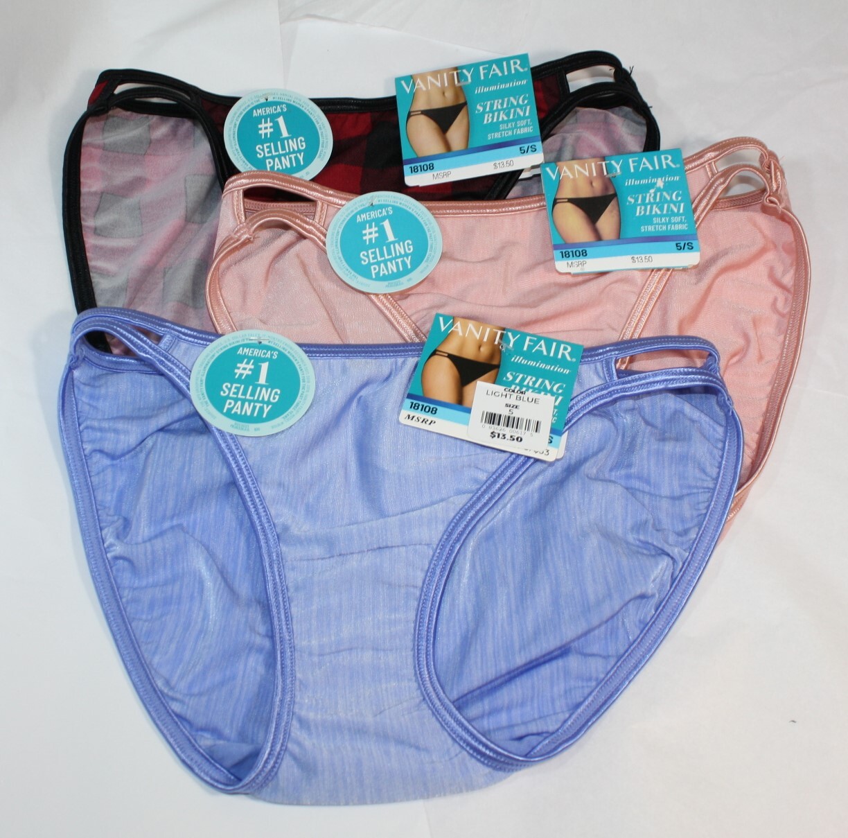 NWT set/3 VANITY FAIR ILLUMINATION STRING BIKINI 18108 COZY CHECK MOCKINGBIRD TE