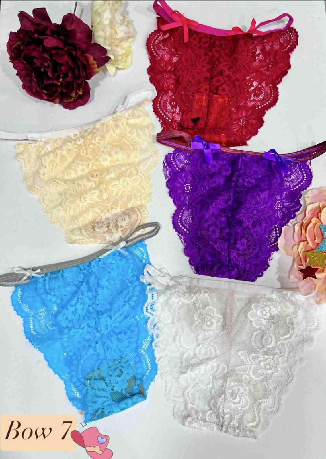 Pack of 5 Bow Decor Floral Lace Underwear for Women Stretching Colorful