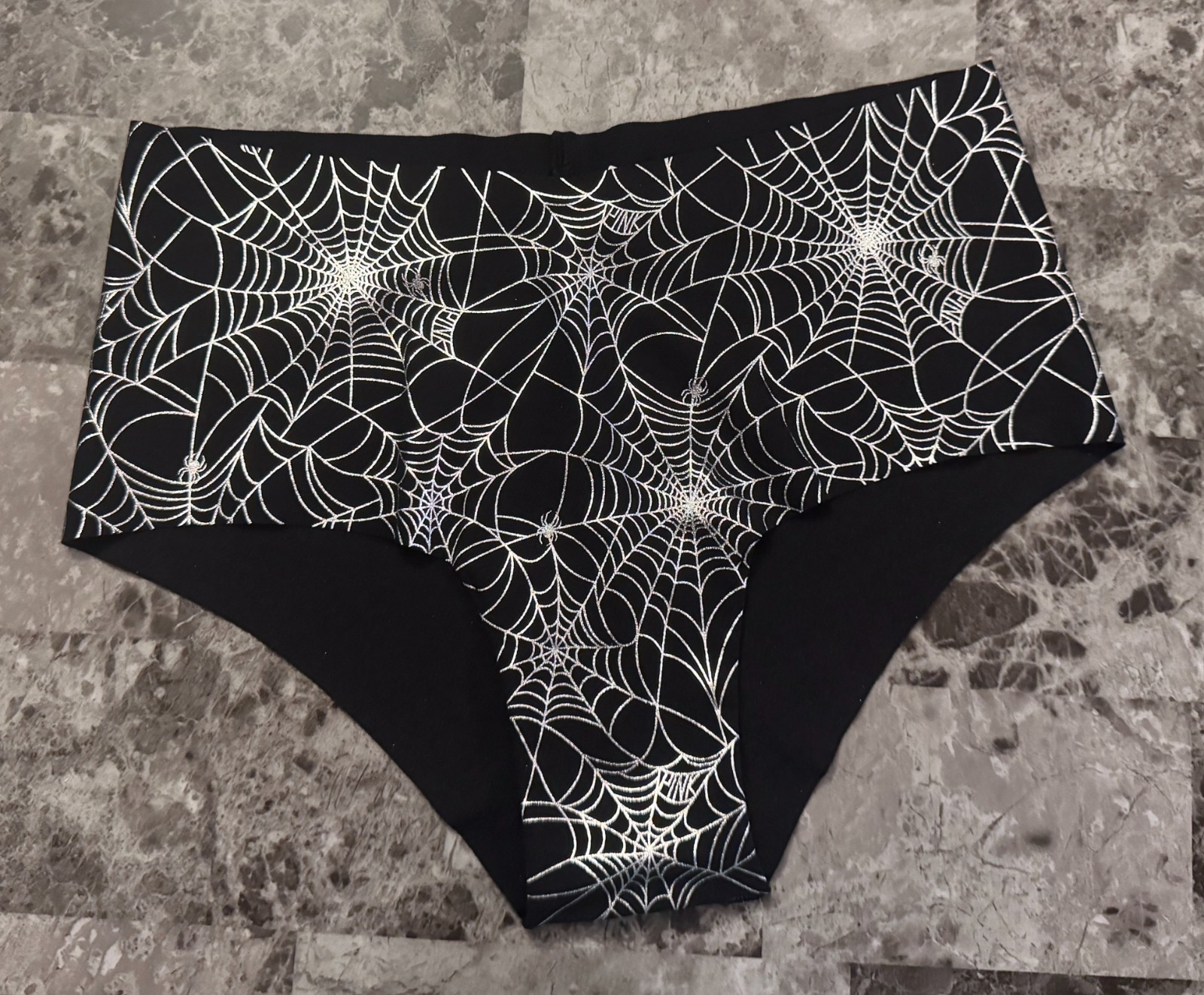 NWT VICTORIA’S SECRET PINK SILVER SPIDERWEB HALLOWEEN NO SHOW CHEEKY PANTIES