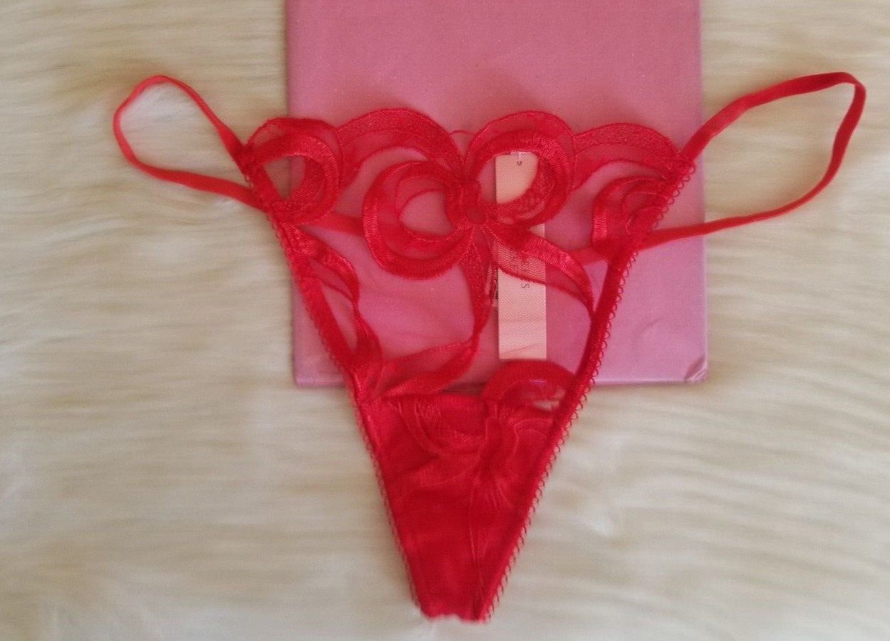 VICTORIA’S SECRET BOW EMBROIDERY V-STRING THONG PANTY LARGE VERMILLION RED NWT
