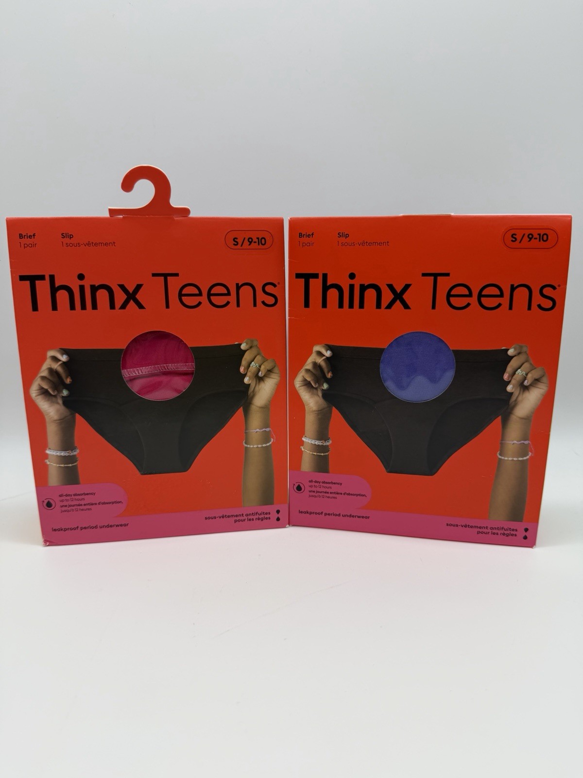 2 Pack THINX Teens Period Brief Underwear Sz S / 9-10 Super Absorbency Pink Blue