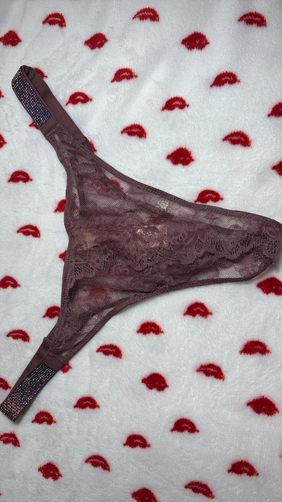 Victoria’s Secret Shine Strap Lace Crotchless Brazilian Panty Purple Vapor M