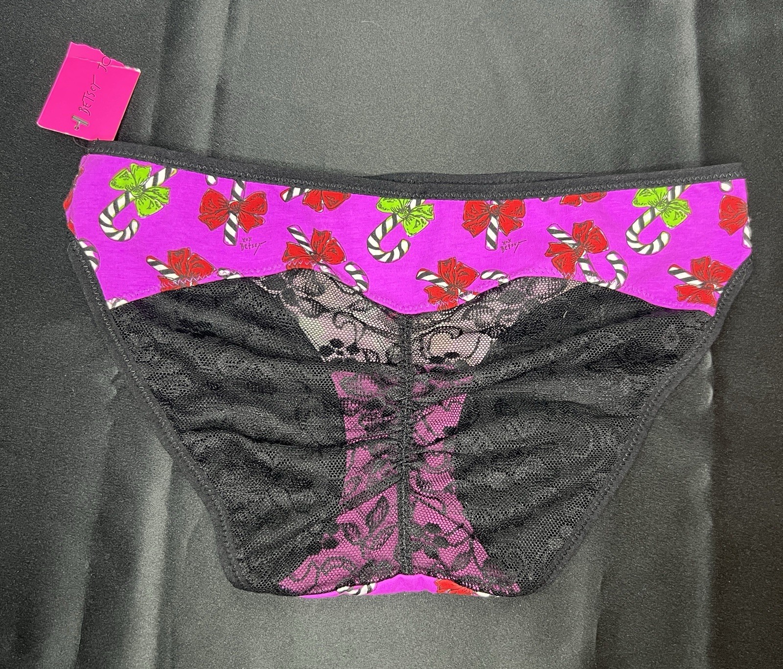 Betsey Johnson Bikini Underwear Purple Holiday Candy Canes Bows Mesh Back Small