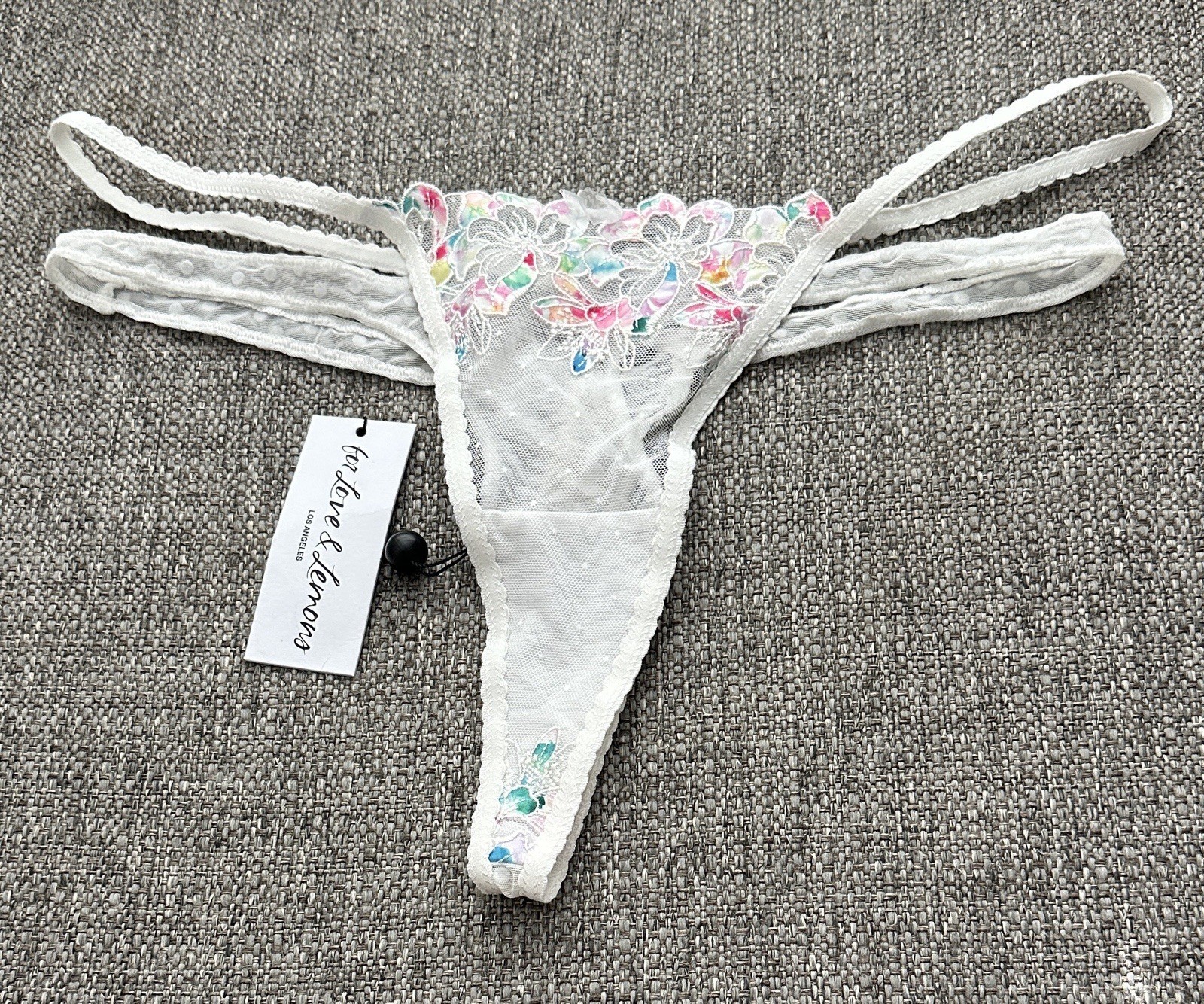 For Love And Lemons Strappy White Multi Floral Thong Panty Size Large NWT