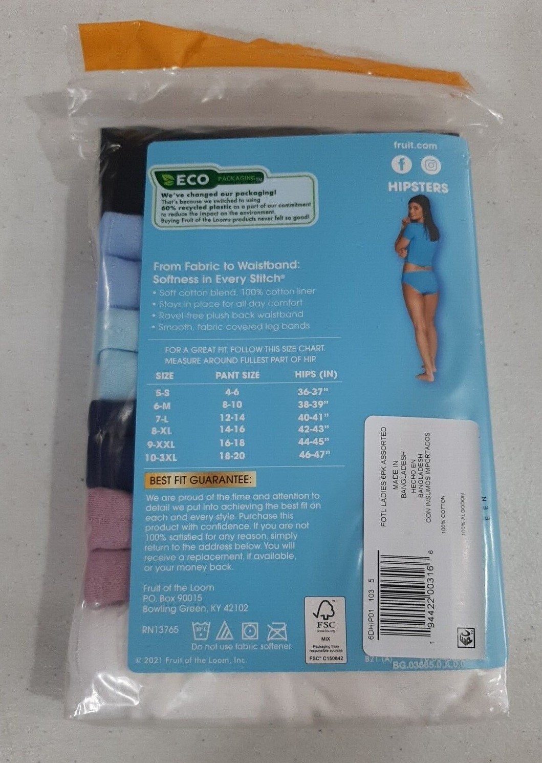 Fruit of the Loom Women’s 6 Pack Cotton Hipsters NEW Size 5