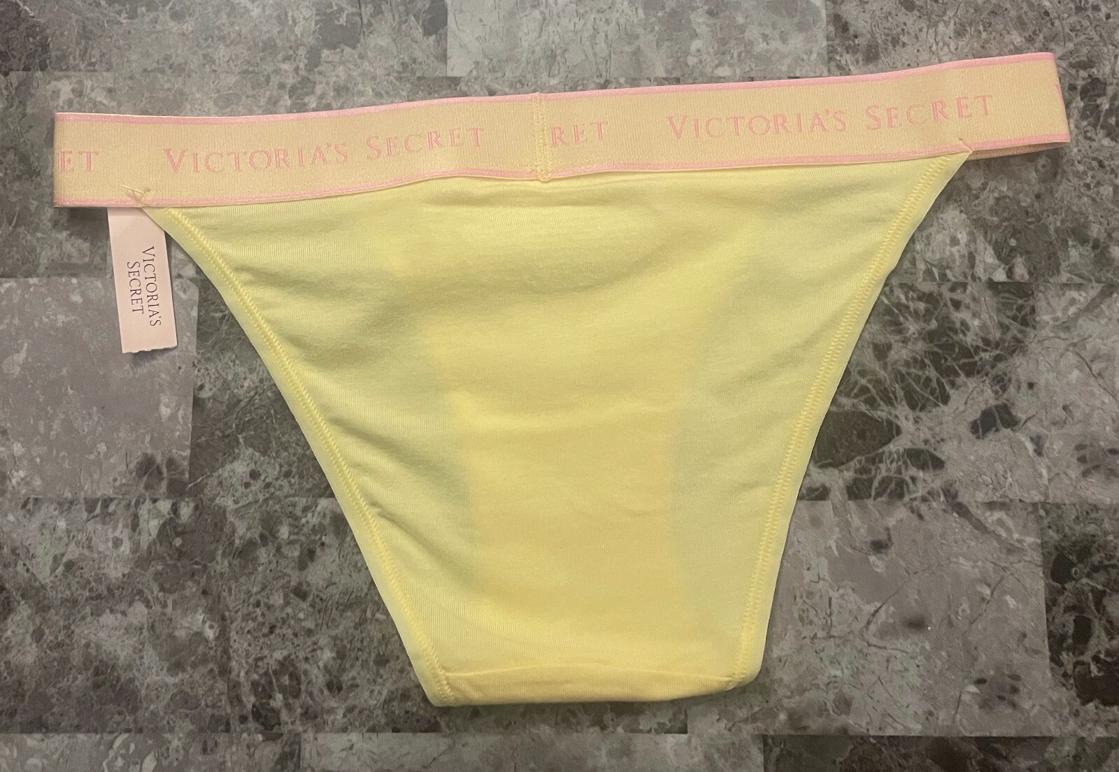 NWT VICTORIA’S SECRET YELLOW PINK THICK LOGO WAISTBAND CHEEKY TANGA PANTIES