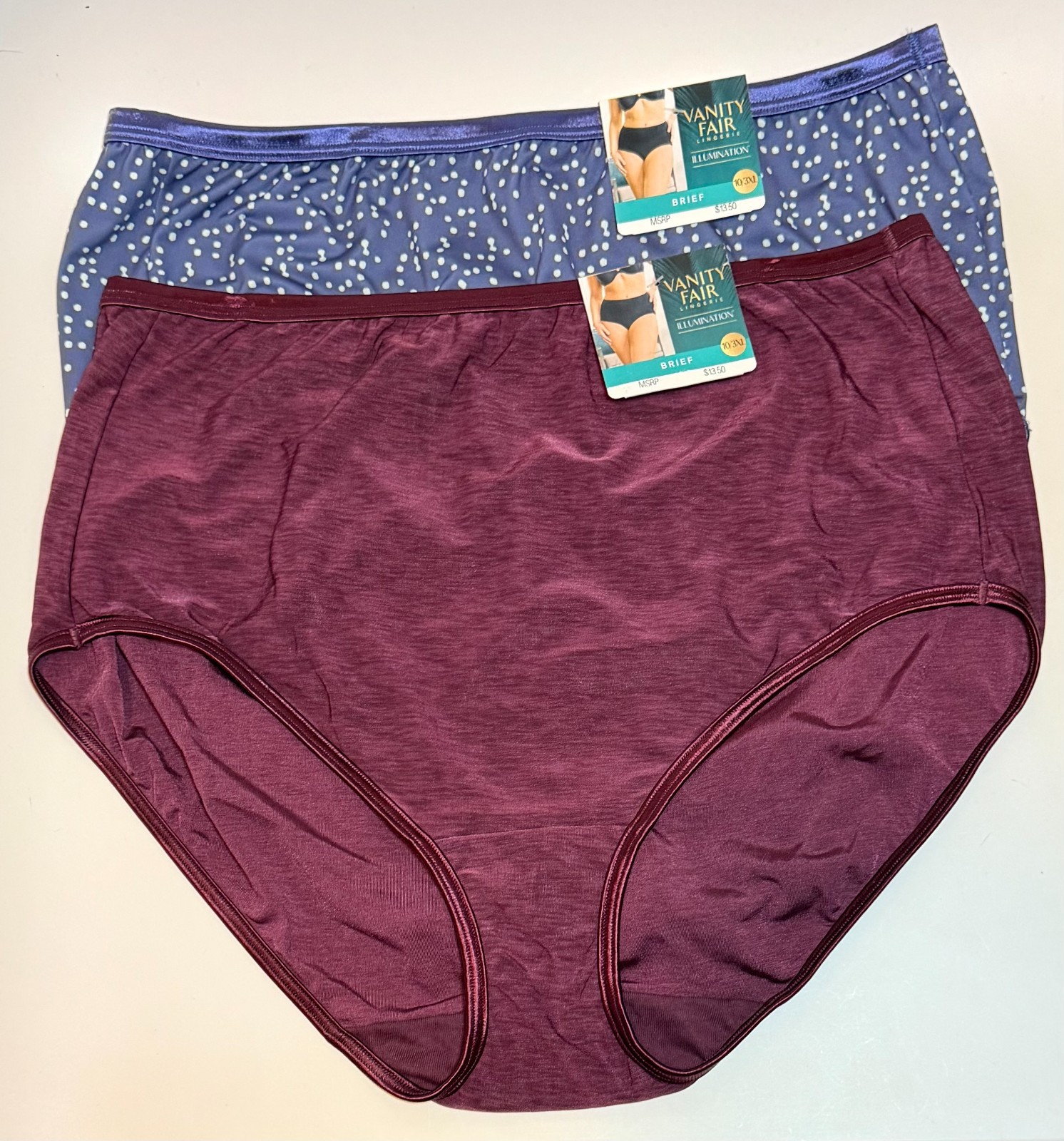NWT 2 Vanity Fair Illumination 13109 Briefs Panties Denim Dot/Plum Size 10/3XL
