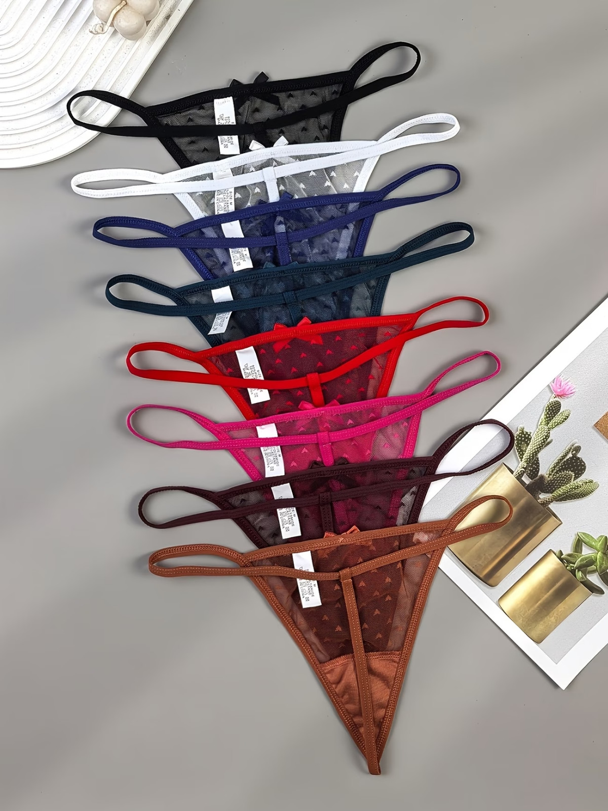8PCS Women’s Lace Thong Panties Set Low Waist Sexy Heart Mesh Tanga Breathable B