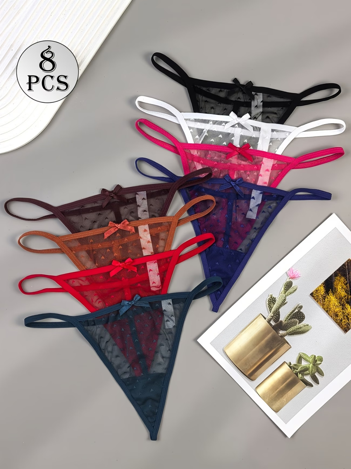 8PCS Women’s Lace Thong Panties Set Low Waist Sexy Heart Mesh Tanga Breathable B