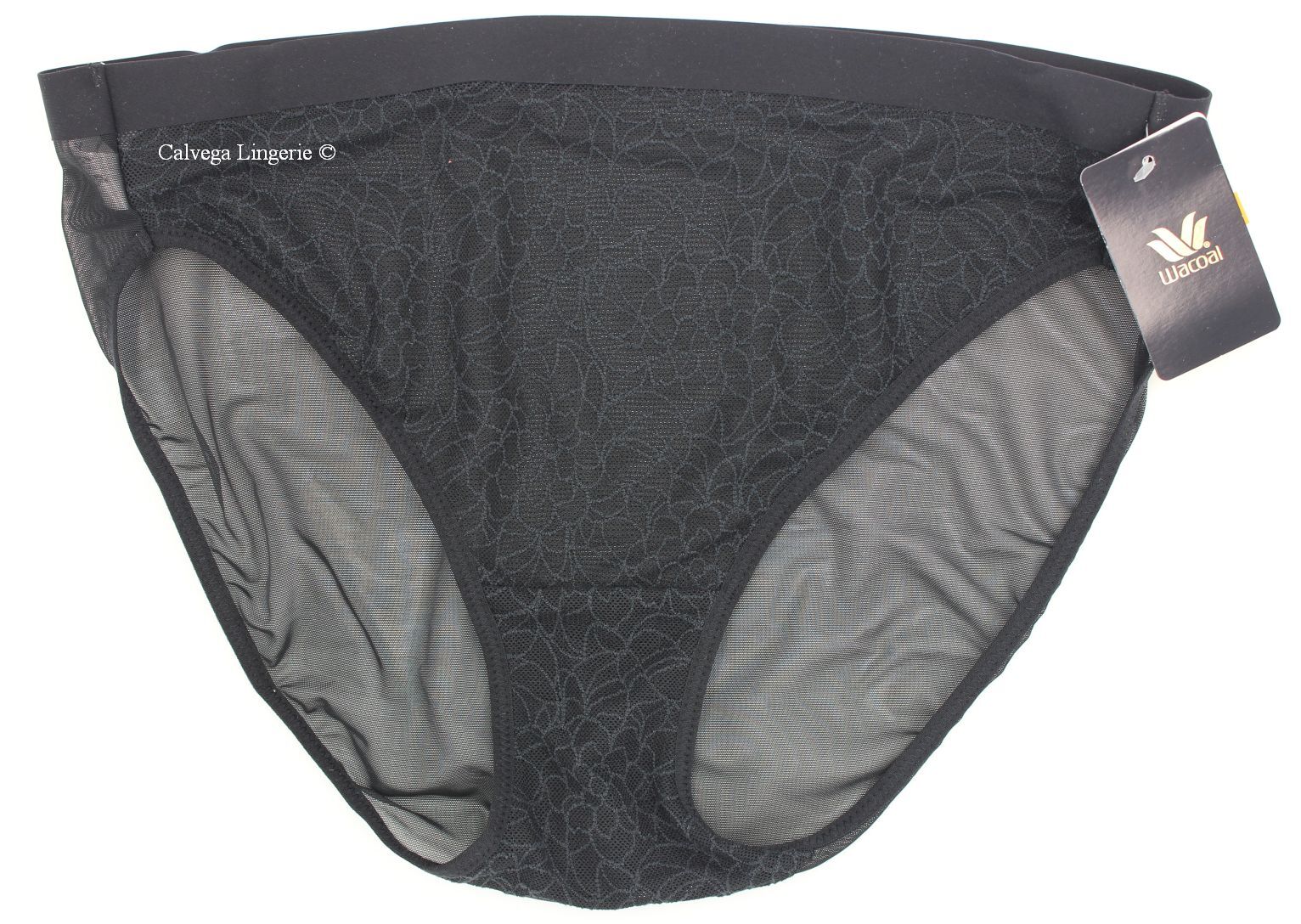NWT Wacoal 841341 “All Edge” Mesh w/ Lace Hi-Cut Bikini Brief, Black (BK), S