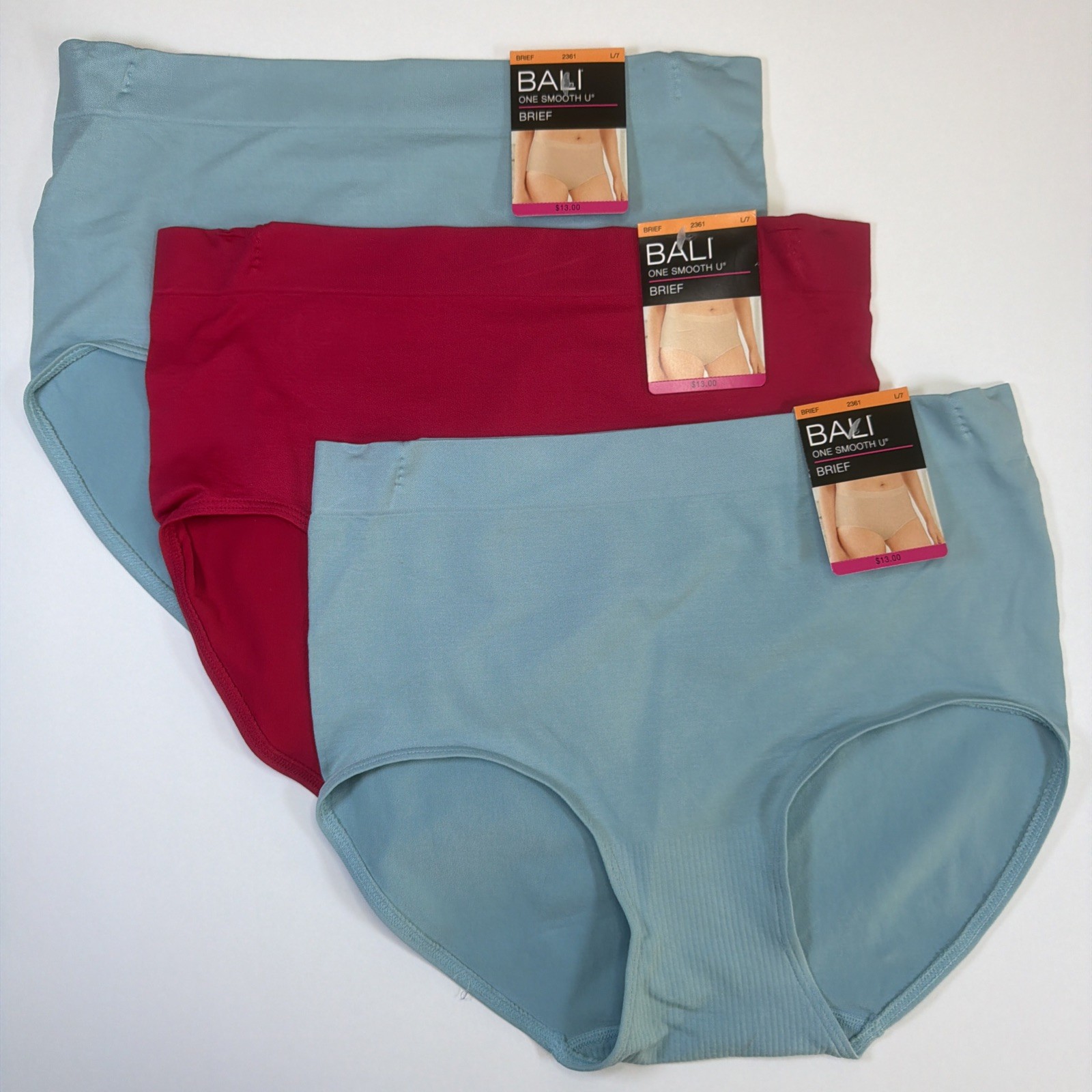 Bali Womens Brief Panties 2361 One Smooth U Blue/Red Size L/7 3 Pack NEW