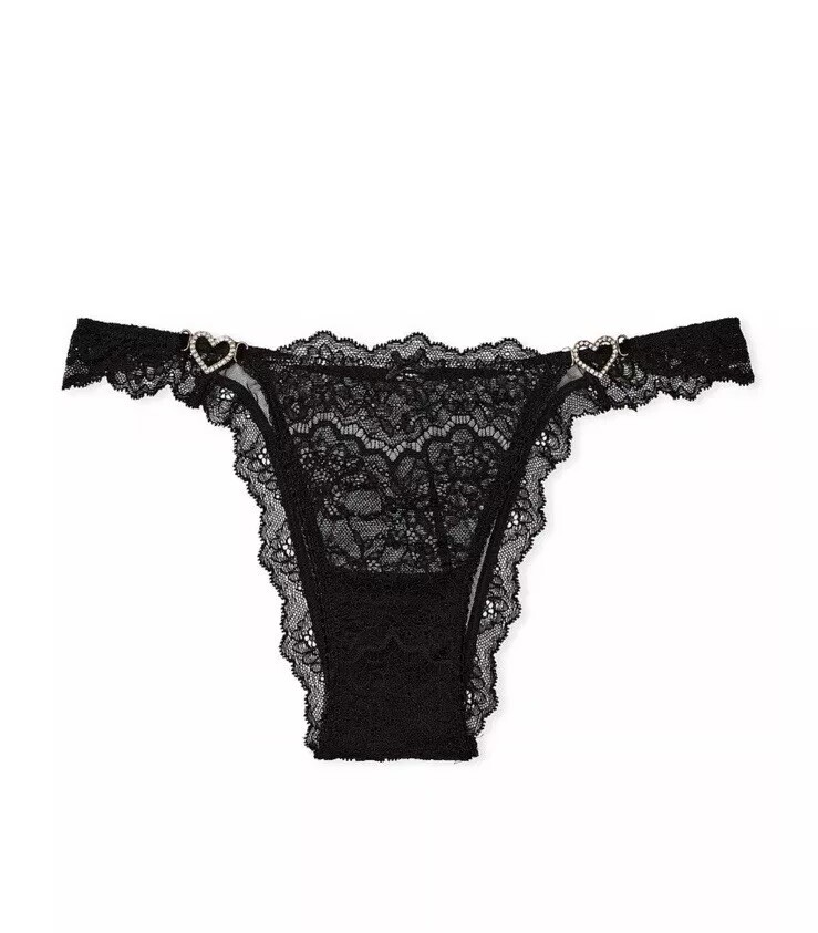 Victoria’s Secret Dream Angels Lace Brazilia Panty Black Rhinestone Heart S M