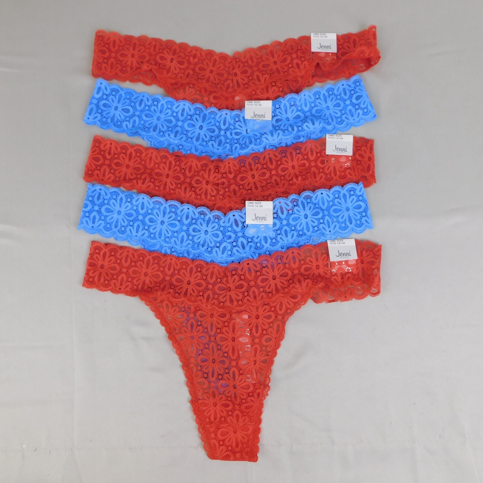 5pc Lot Jenni Nylon Stretch Lace Everyday Thong Panties Plus Size Blue Rust