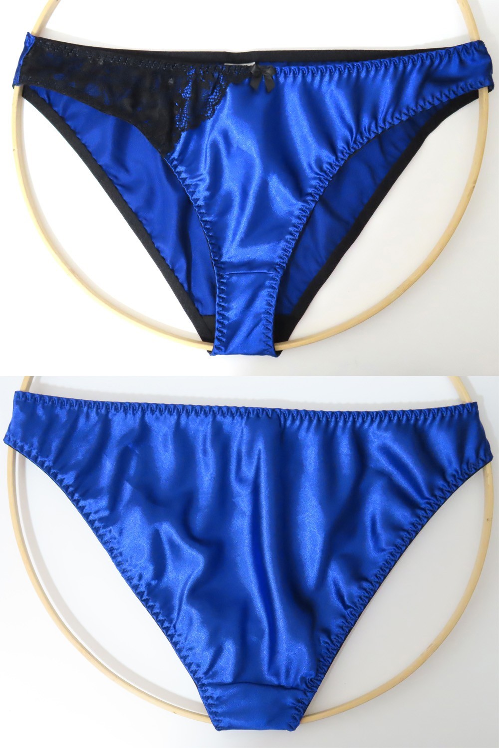 NEW Men’s Women’s Elegant Shiny Royal Satin Blue Bikini Panties Black Lace Sz L