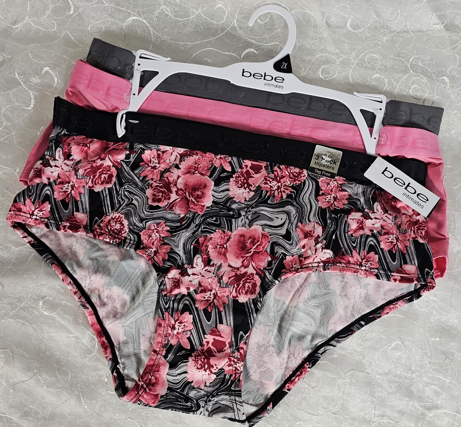 bebe 3 Pack Microfiber Hipster Panties 3X Solid Pink, Gray & Floral SHIPS FREE!