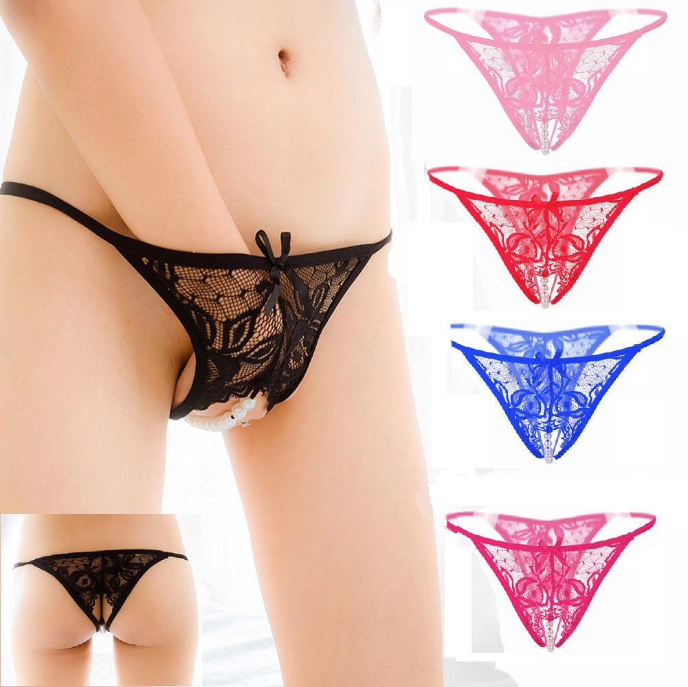 Sexy Women Lace Crotchles Thong G-string Pearl Panties Lingerie Underwear T-back