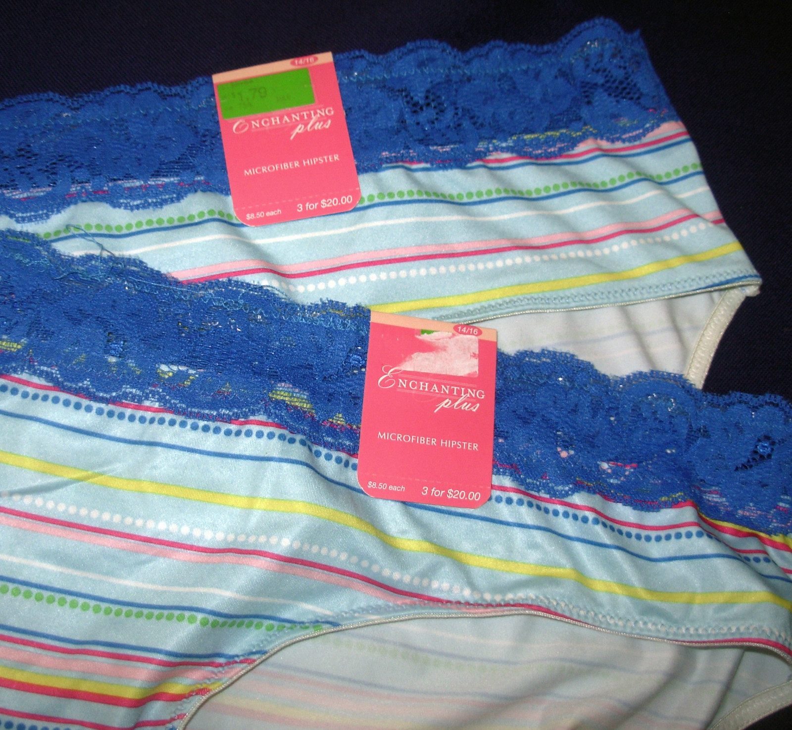 2 Womens sz 14 / 16 Enchanting Plus Hipster Panties Microfiber blue stripe 14 16
