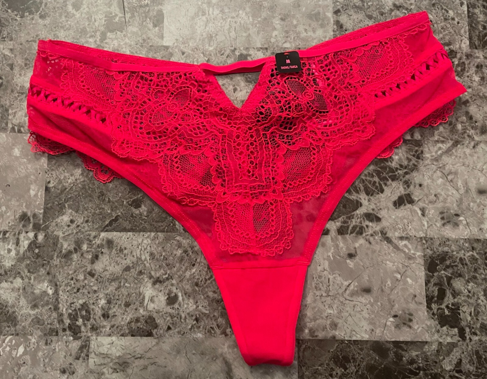 NWT LA SENZA M NEON RED FLORAL LACE MESH RIBBON TRIM CUTOUT CHEEKY THONG PANTIES