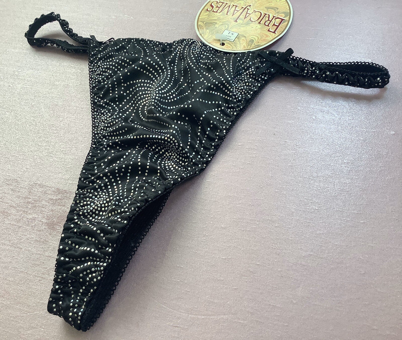 Women Panties,Thongs OneSize Fits S-L Black W/silver Metallic Ornamentation