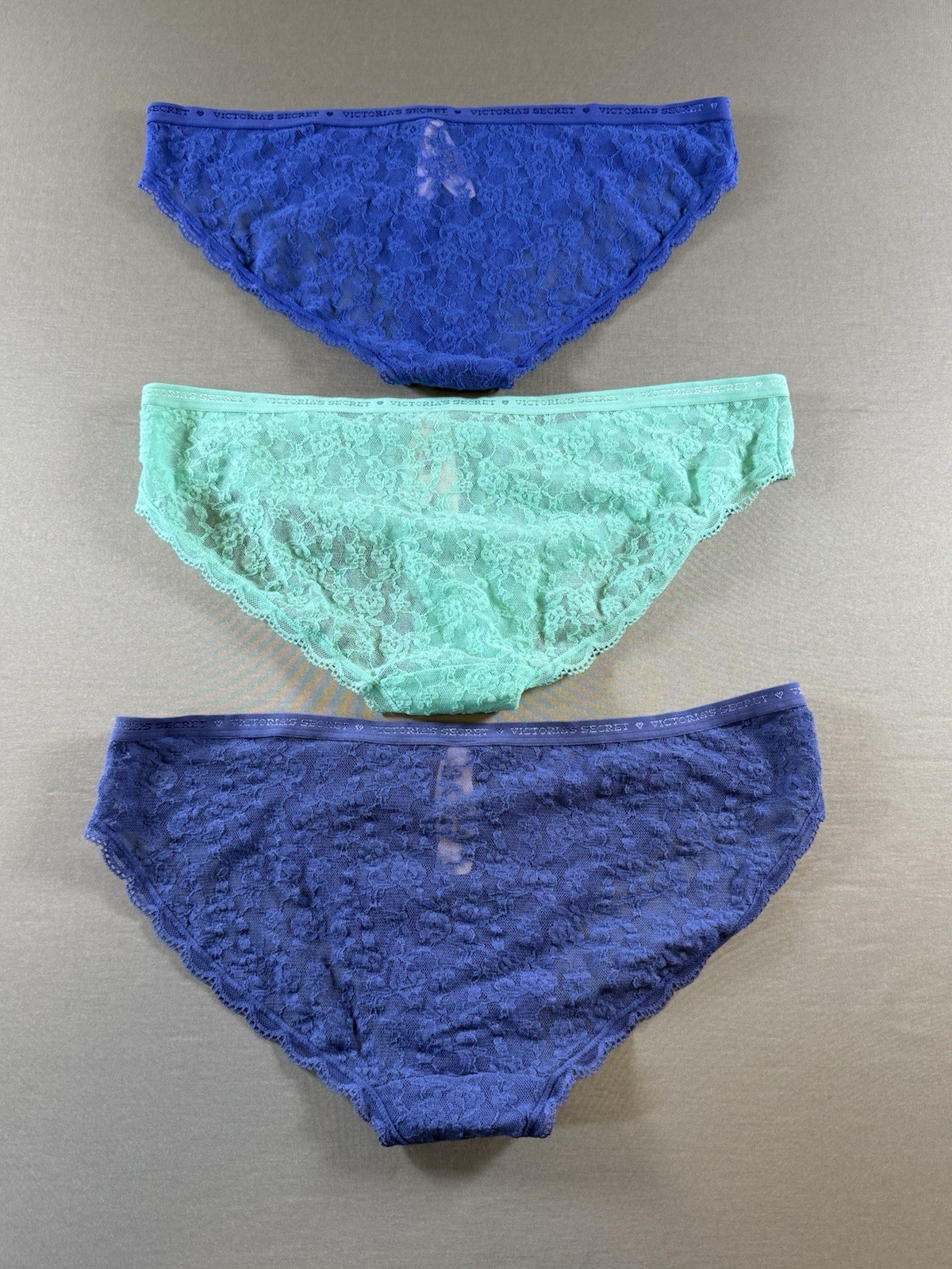 VTG Victoria’s Secret Lace Bikini Panty Lot Of 3 Blue Green 2014-2015 Large