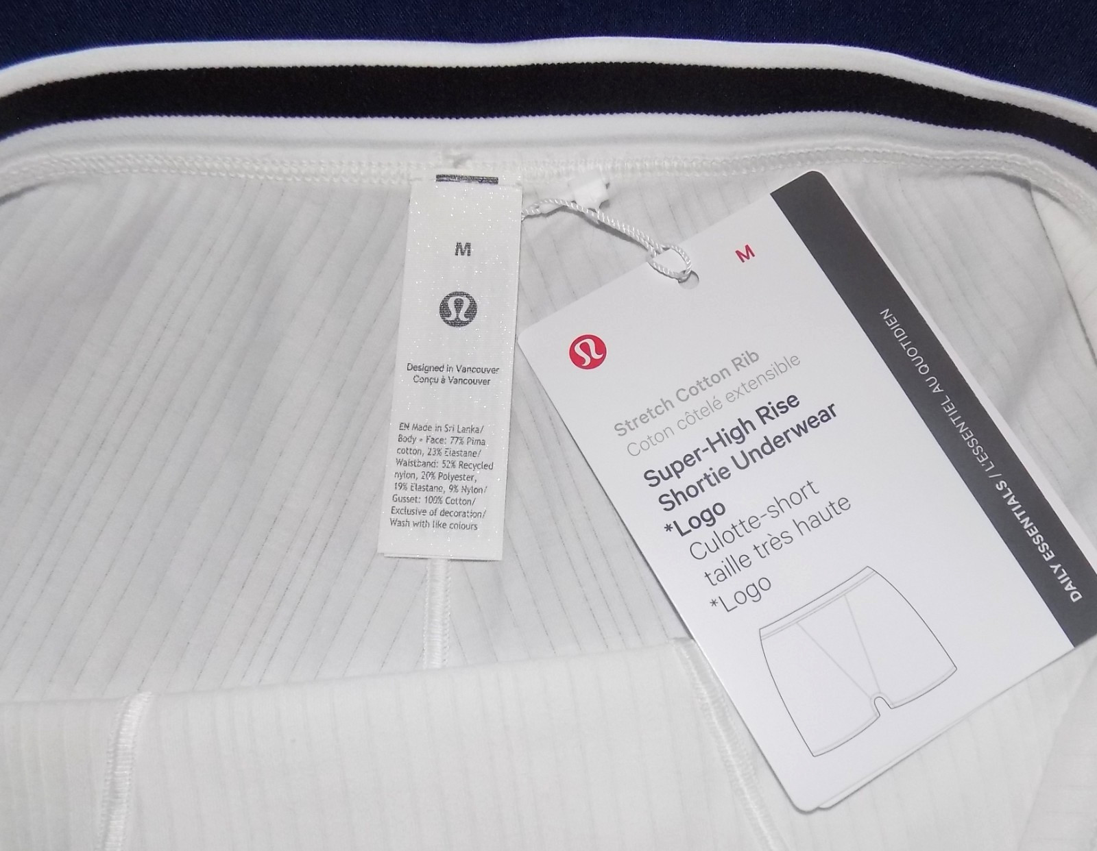 Lululemon Super-High-Rise Shortie Underwear Stretch Cotton Ribbed Logo Wht M NWT
