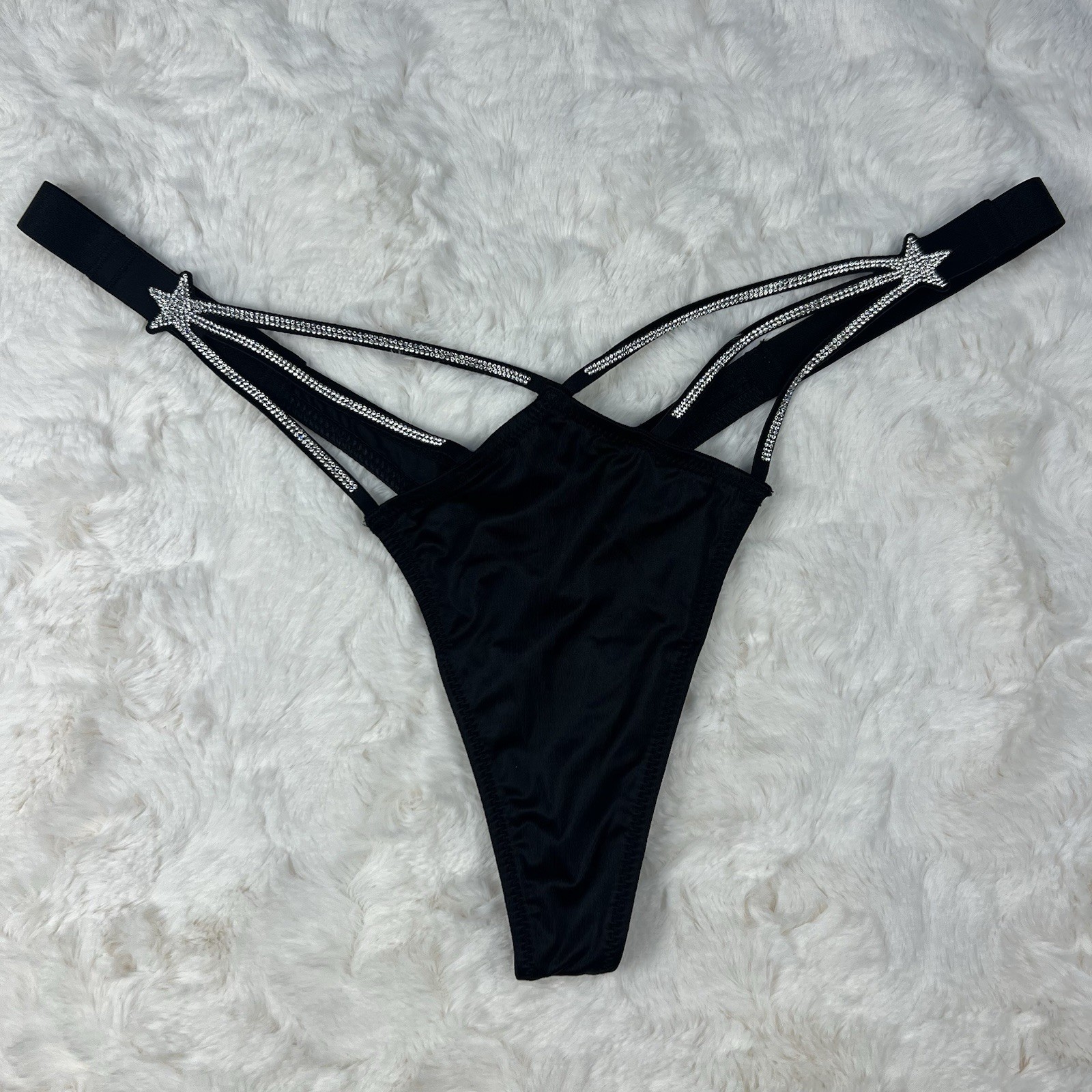 Victoria’s Secret Very Sexy Black High Leg Strappy Thong Rhinestone Star Size.M