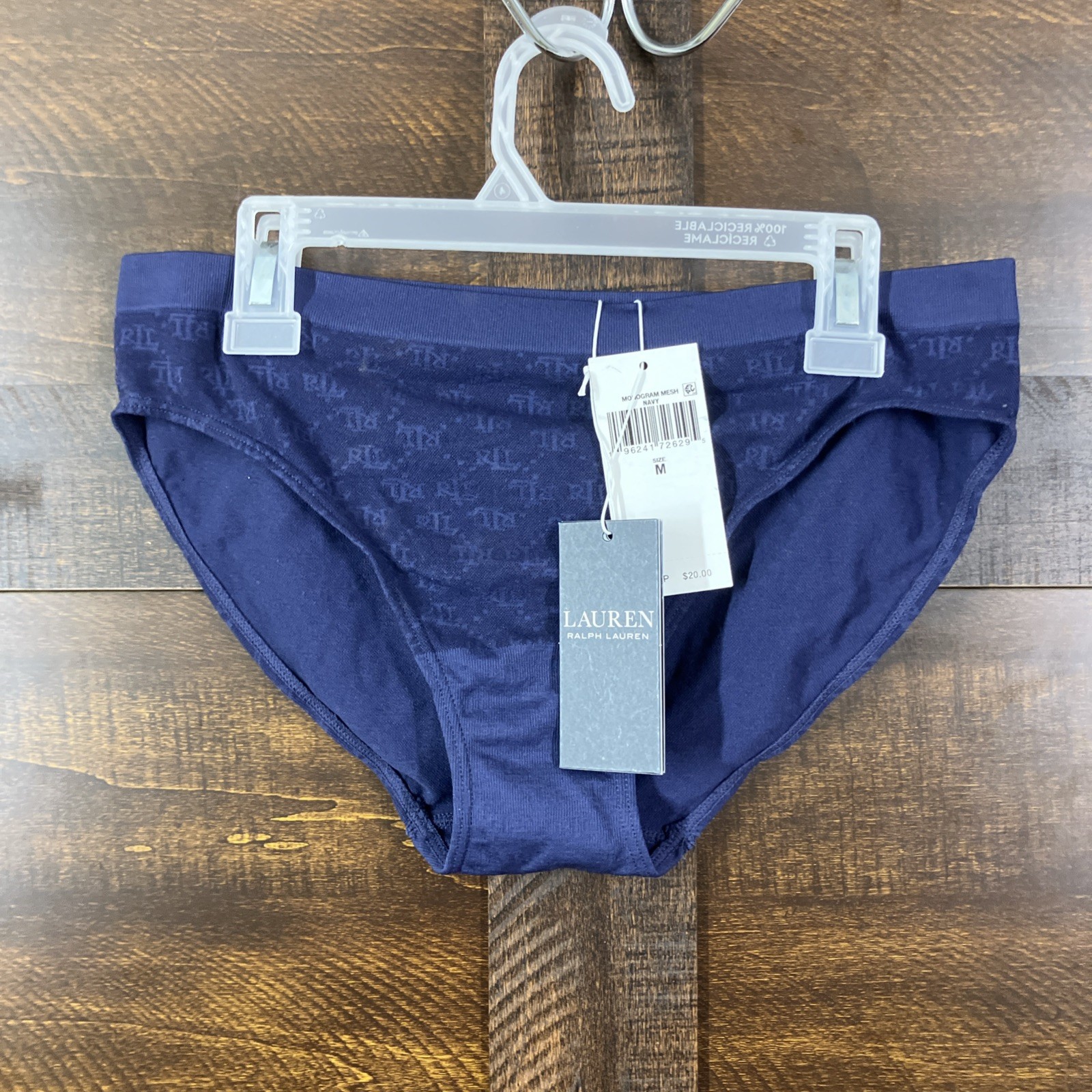 Lauren Ralph Lauren Monogram Mesh Bikini Panty Navy Size M NWT Polyamide Blend