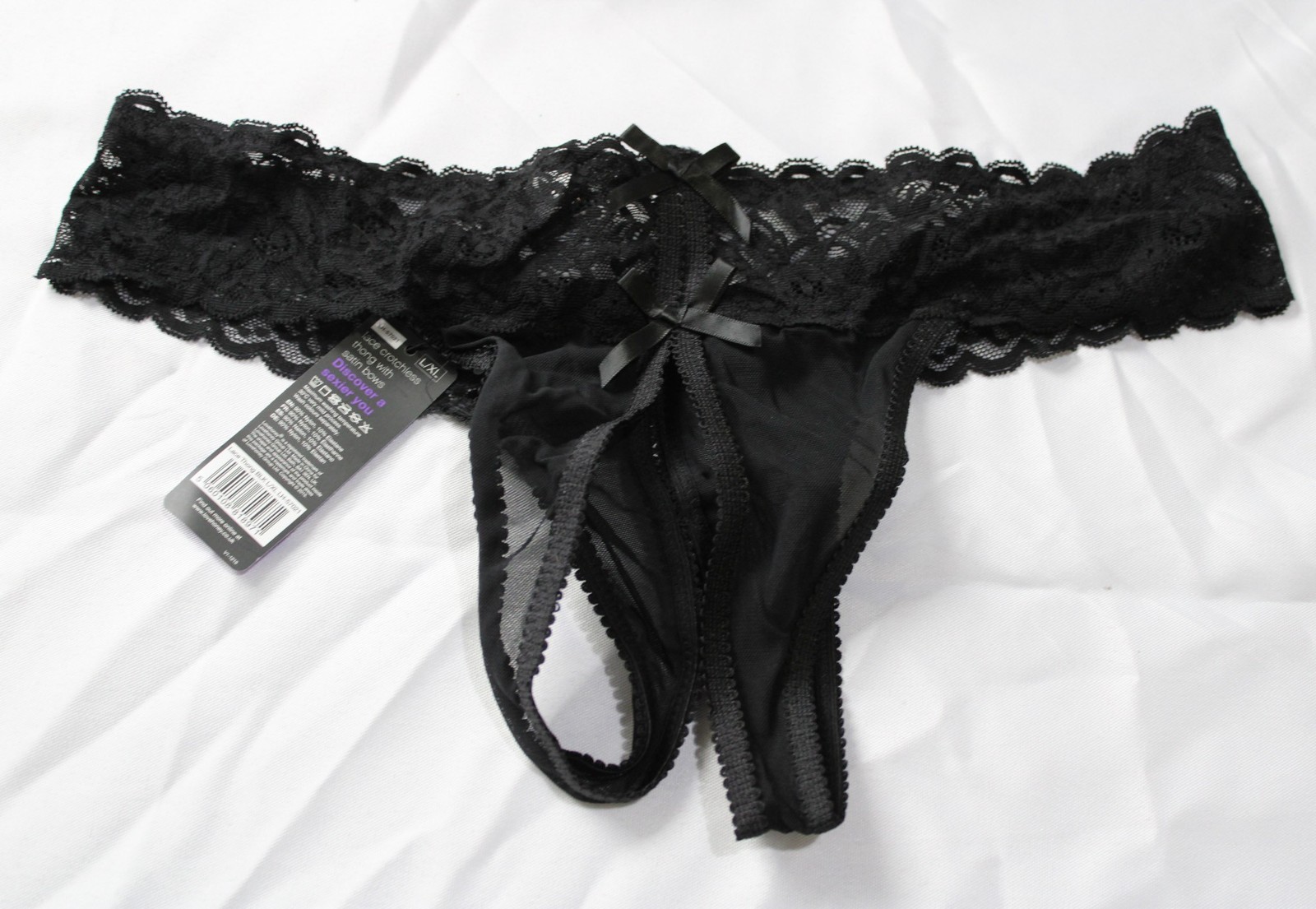 Lovehoney Women’s Crotchless Lace Thong with Satin Bows ZG3 Black Size L/XL NWT