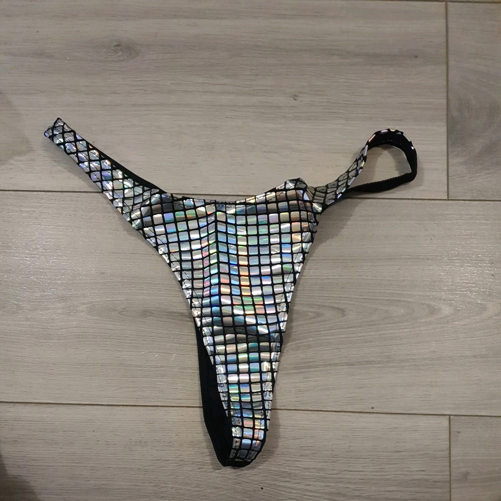 BNWOT Black & Silver PVC Holographic Squares High Cut Thong Size Large