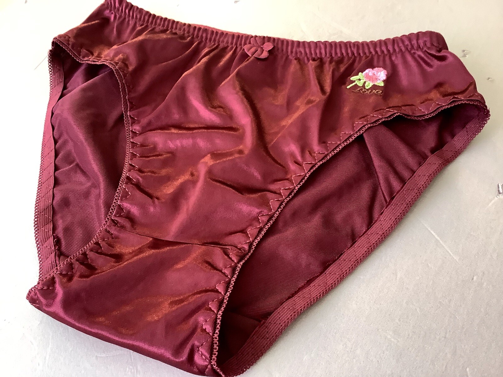 Women Panties Bikinis ANN DIANE Size S. Burgundy Shiny Satin Soft W/decoration