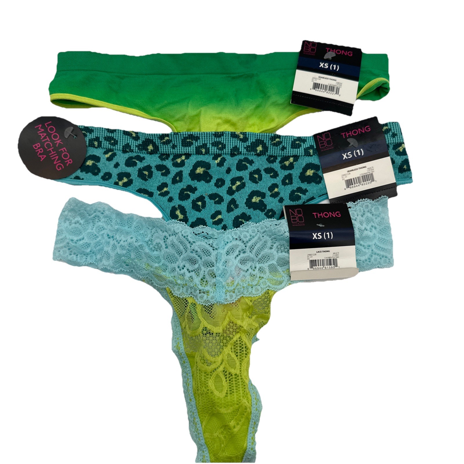 No Boundaries NOBO XS(1) Thong Panties set of 3 Teal Cheetah, Blue/Green {22}