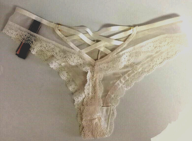 Victorias Secret Sexy Coconut White Strappy Mesh Thong Panties M Split Waist NWT