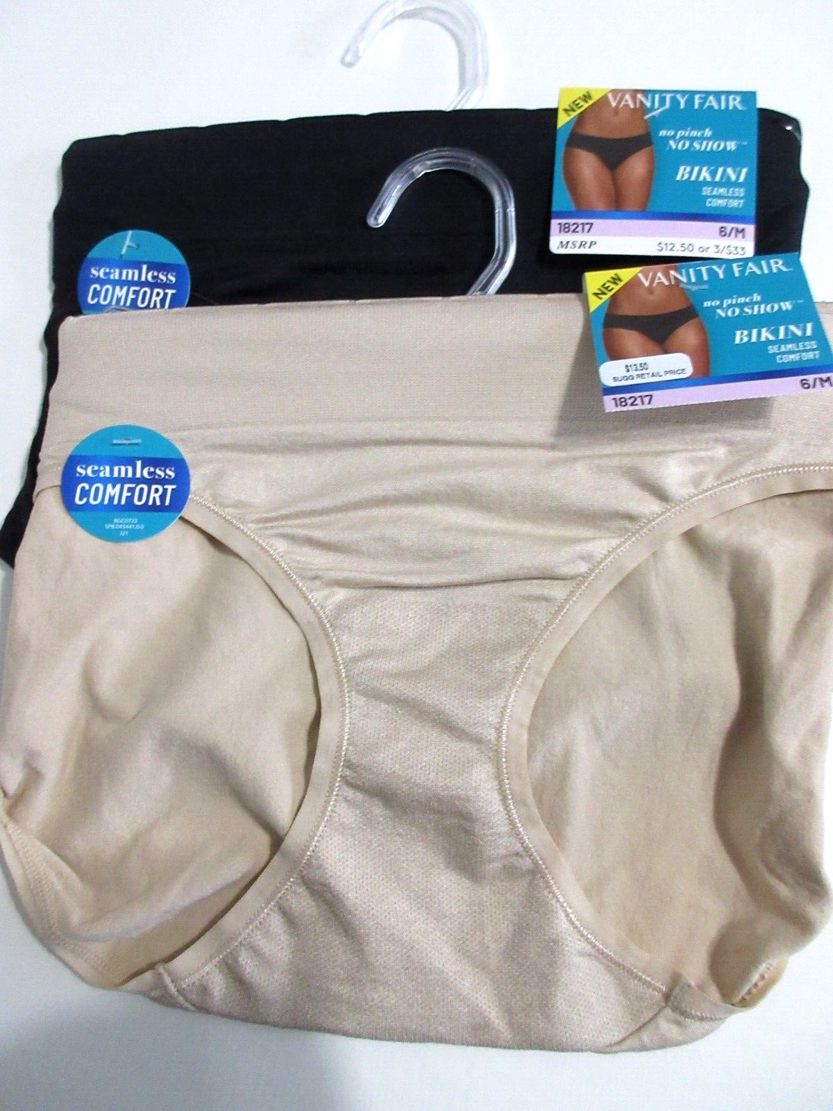 Vanity Fair BIKINI 2-Pack No Pinch No Show 18217 Seamless Nylon Black Beige~ 6/M