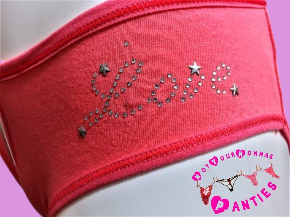 VISION INTIMATE everyday solid coral, hi-cut briefs w/”LOVE” in rhinestones [XL]