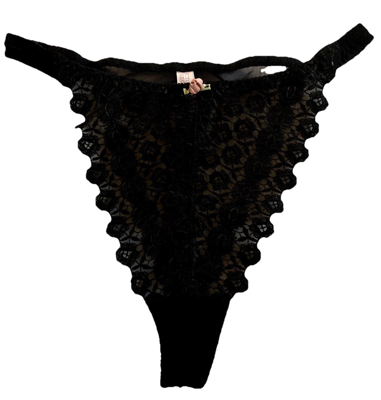 Y2K Victoria’s Secret Thong Panties Sz L High Cut Black Lace With Pink Rose