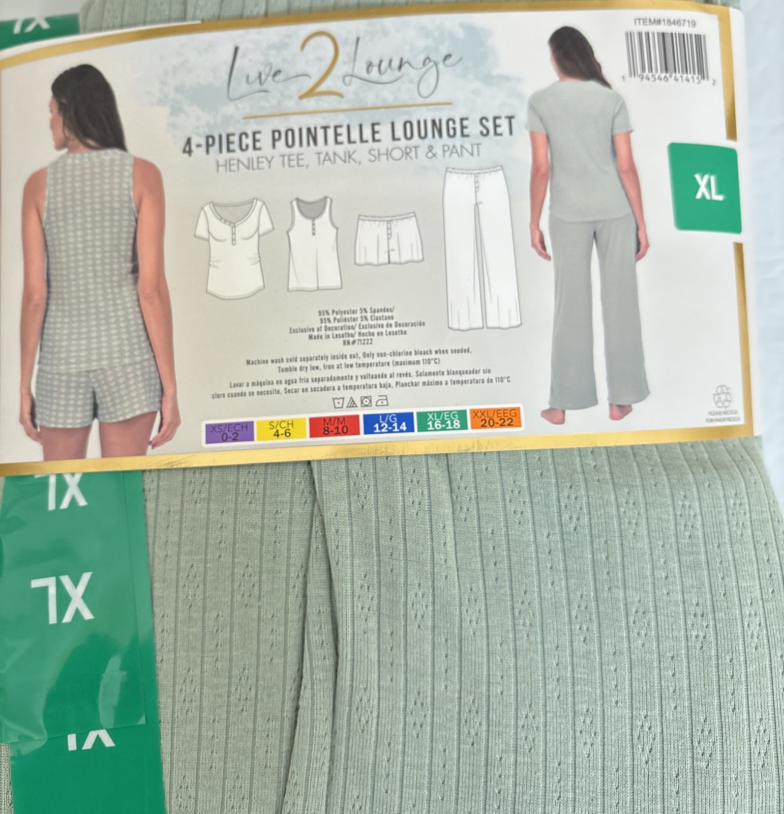 Live 2 Lounge Women’s 4 Piece Pointelle Lounge Wear Pajama Set, Green, X-Large
