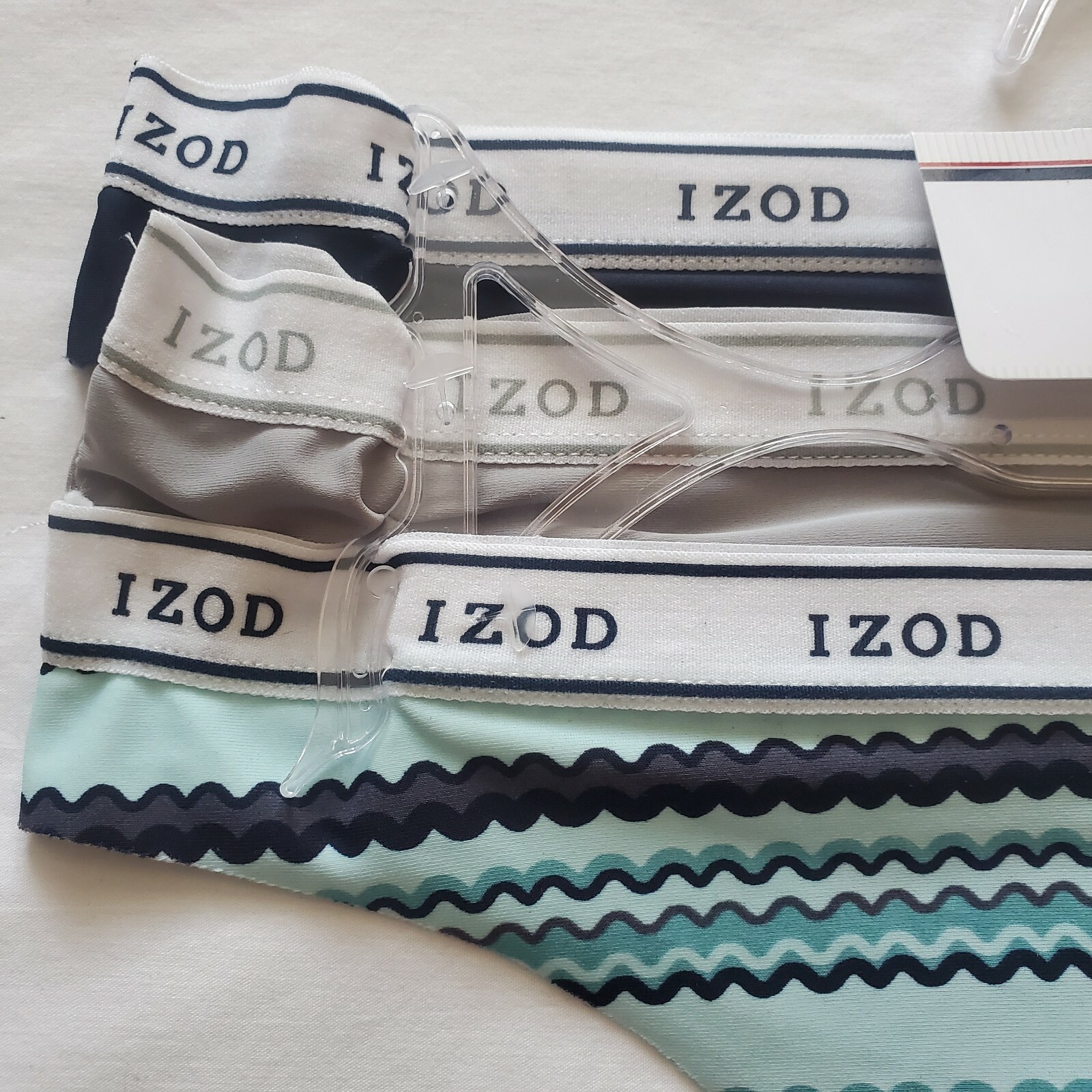 3 Pair IZOD Laser Cut Thong Panties, Size L, Teal, Gray, Navy Blue, MP